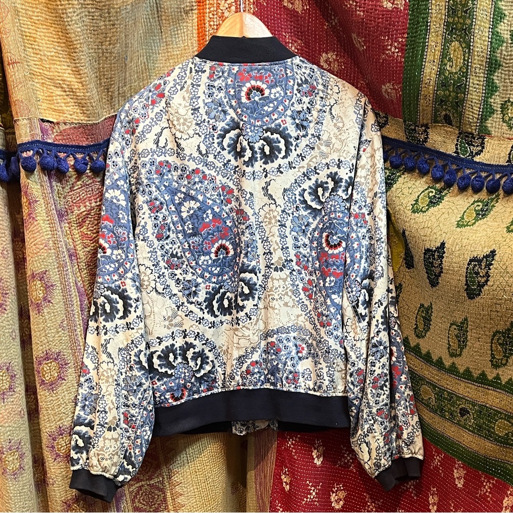 Free People Blue and Cream Bomber Jacket